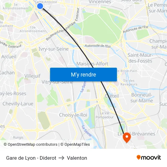 Gare de Lyon - Diderot to Valenton map