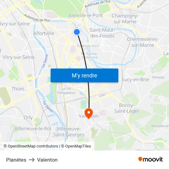 Planètes to Valenton map