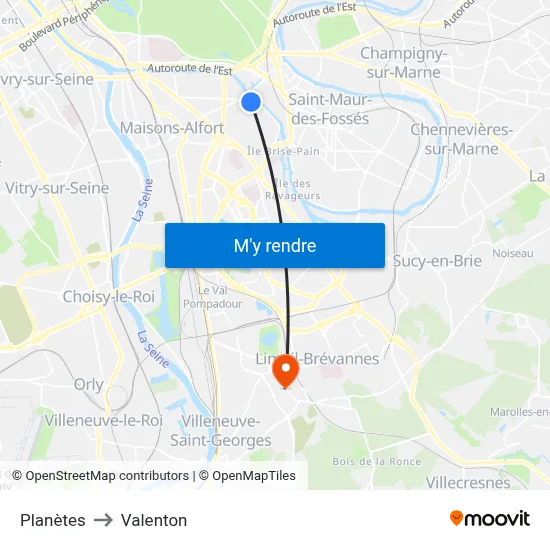 Planètes to Valenton map