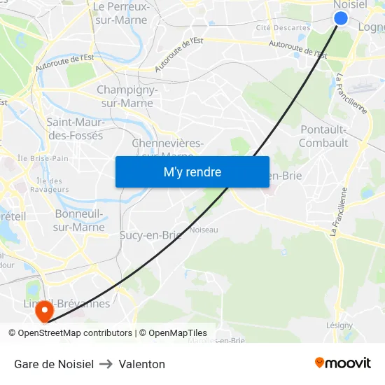 Gare de Noisiel to Valenton map