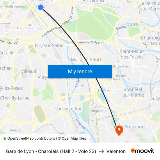 Gare de Lyon - Charolais (Hall 2 - Voie 23) to Valenton map