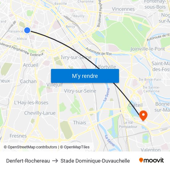 Denfert-Rochereau to Stade Dominique-Duvauchelle map