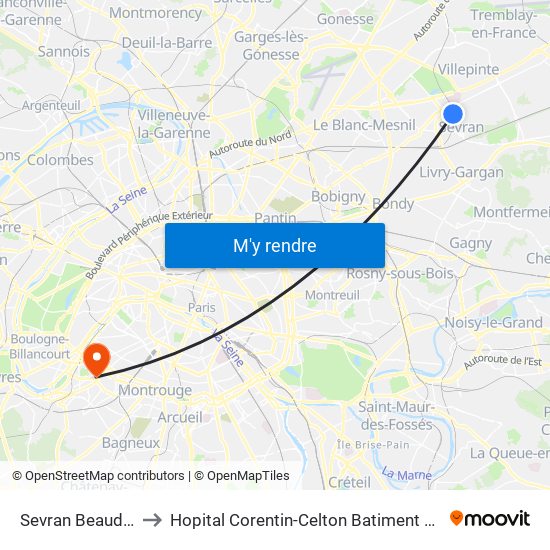 Sevran Beaudottes to Hopital Corentin-Celton Batiment P. Berthaux map