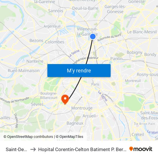 Saint-Denis to Hopital Corentin-Celton Batiment P. Berthaux map