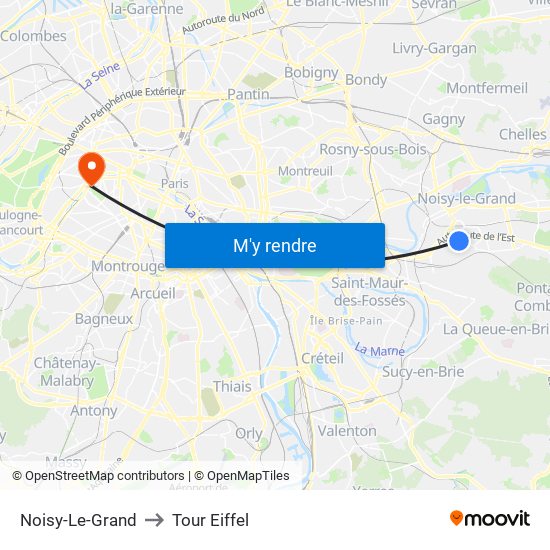 Noisy-Le-Grand to Tour Eiffel map