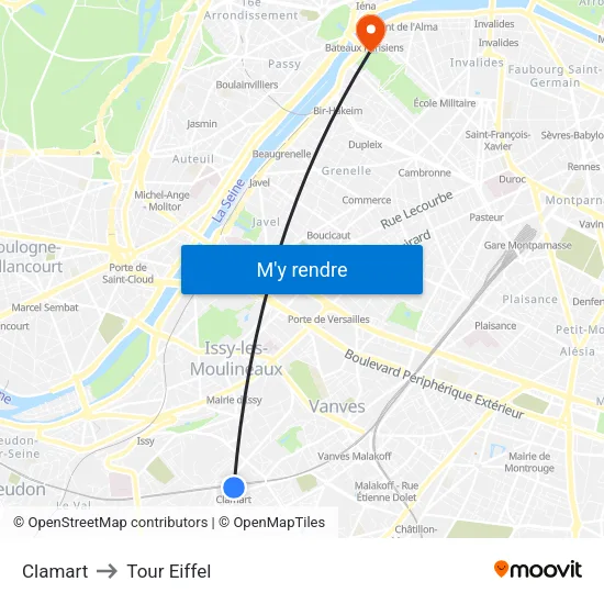 Clamart to Tour Eiffel map
