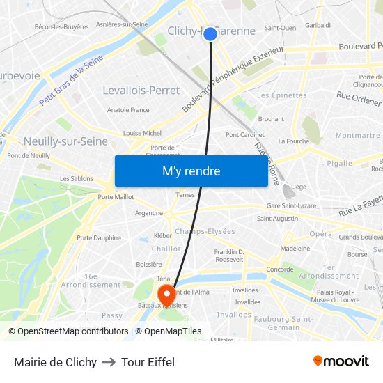 Mairie de Clichy to Tour Eiffel map