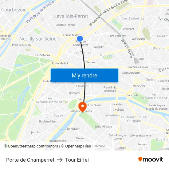 Porte de Champerret to Tour Eiffel map