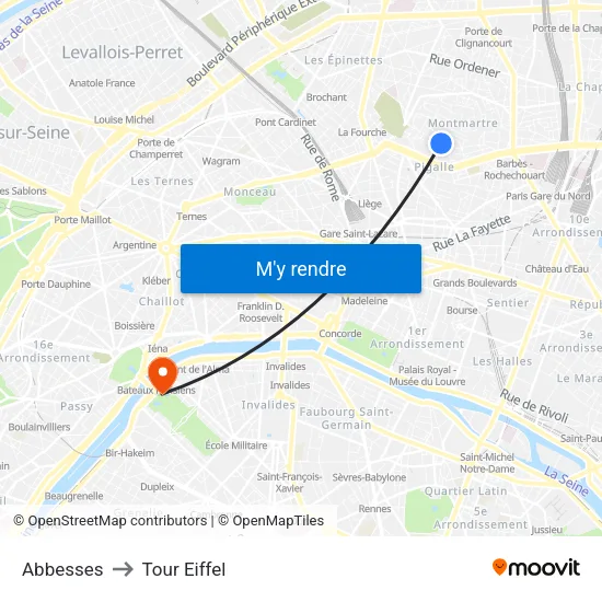 Abbesses to Tour Eiffel map