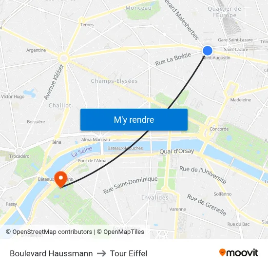 Boulevard Haussmann to Tour Eiffel map