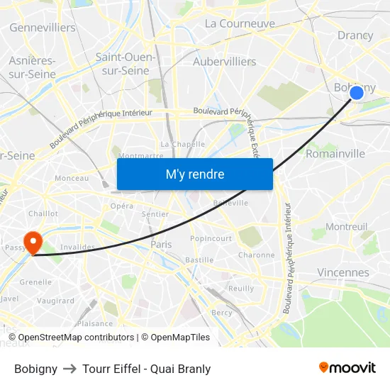 Bobigny to Tourr Eiffel - Quai Branly map