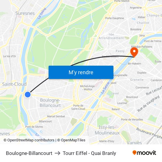 Boulogne-Billancourt to Tourr Eiffel - Quai Branly map