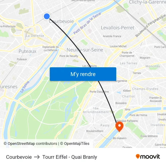 Courbevoie to Tourr Eiffel - Quai Branly map