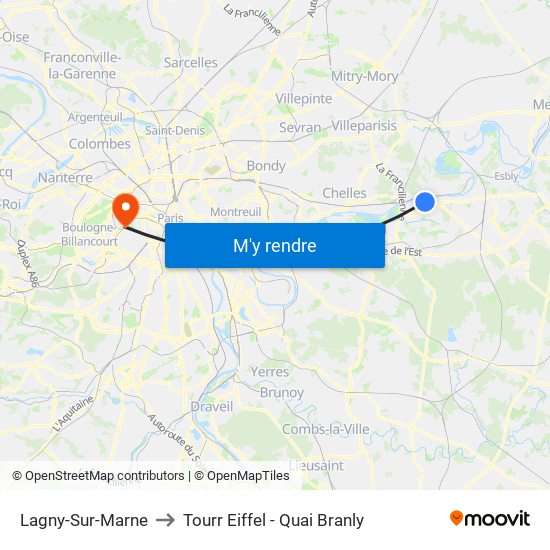 Lagny-Sur-Marne to Tourr Eiffel - Quai Branly map