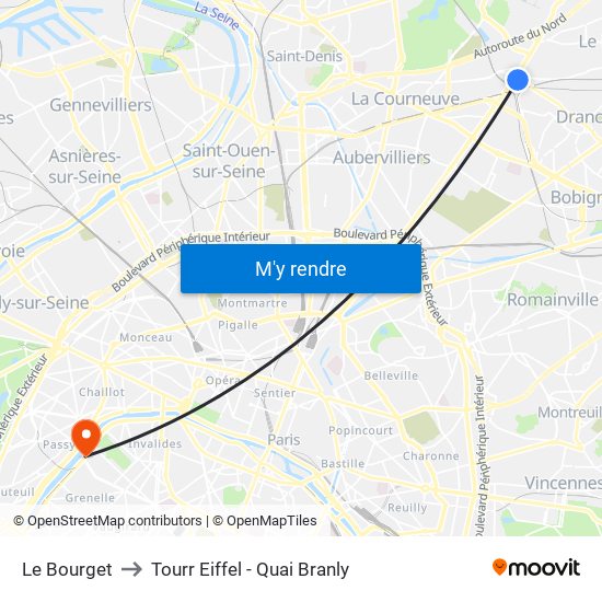 Le Bourget to Tourr Eiffel - Quai Branly map