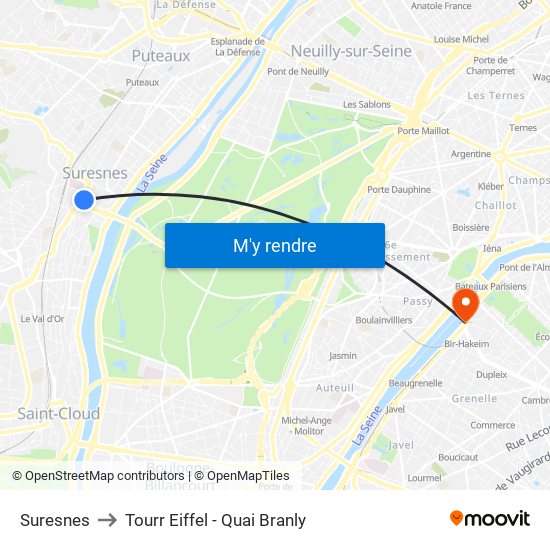 Suresnes to Tourr Eiffel - Quai Branly map