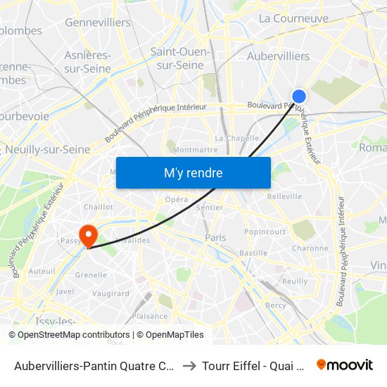 Aubervilliers-Pantin Quatre Chemins to Tourr Eiffel - Quai Branly map