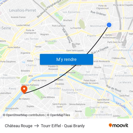 Château Rouge to Tourr Eiffel - Quai Branly map