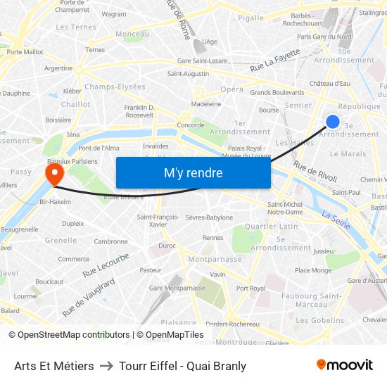Arts Et Métiers to Tourr Eiffel - Quai Branly map