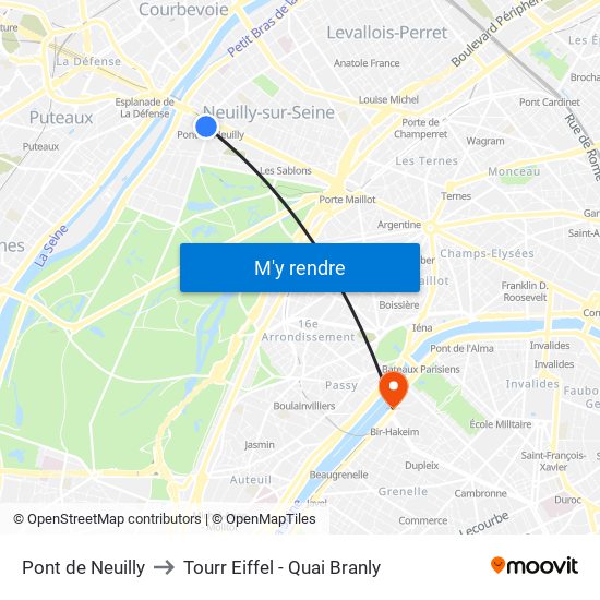 Pont de Neuilly to Tourr Eiffel - Quai Branly map