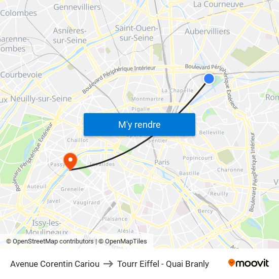 Avenue Corentin Cariou to Tourr Eiffel - Quai Branly map