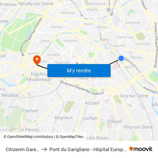 Citizenm Gare de Lyon to Pont du Garigliano - Hôpital Européen G. Pompidou map