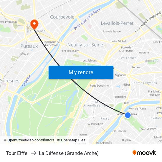 Eiffel Tower to La Défense (Grande Arche) map