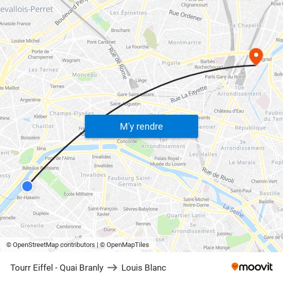 Tourr Eiffel - Quai Branly to Louis Blanc map