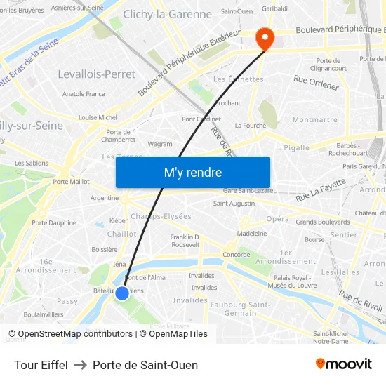 Eiffel Tower to Porte de Saint-Ouen map