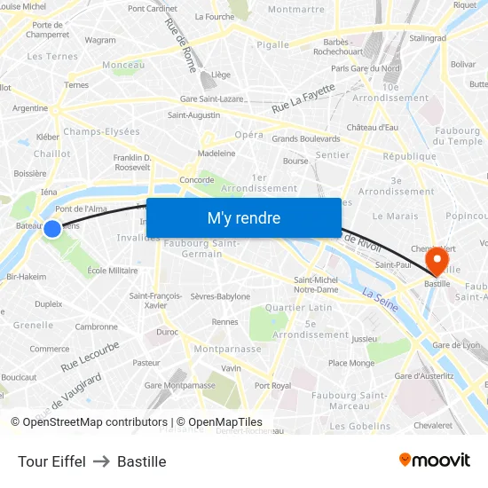 Eiffel Tower to Bastille map