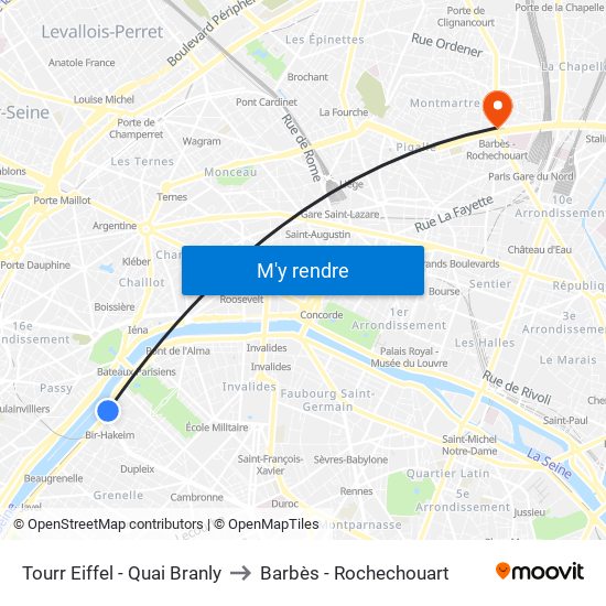 Tourr Eiffel - Quai Branly to Barbès - Rochechouart map