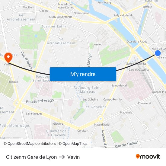 Citizenm Gare de Lyon to Vavin map