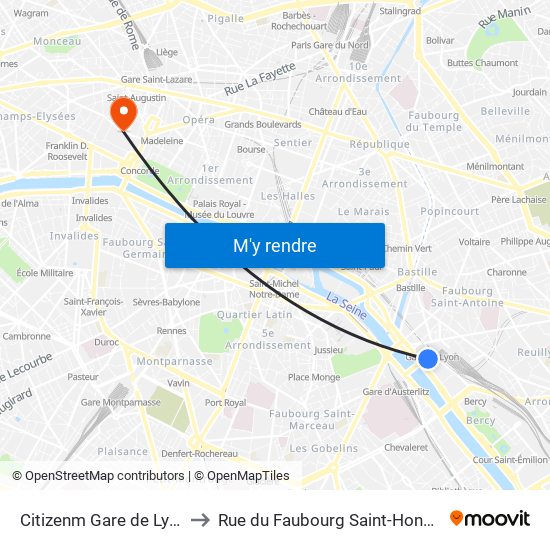 Citizenm Gare de Lyon to Rue du Faubourg Saint-Honoré map