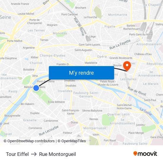 Eiffel Tower to Rue Montorgueil map