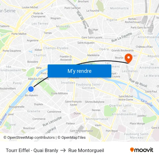 Tourr Eiffel - Quai Branly to Rue Montorgueil map