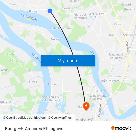 Bourg to Ambares-Et-Lagrave map