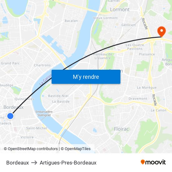 Bordeaux to Artigues-Pres-Bordeaux map