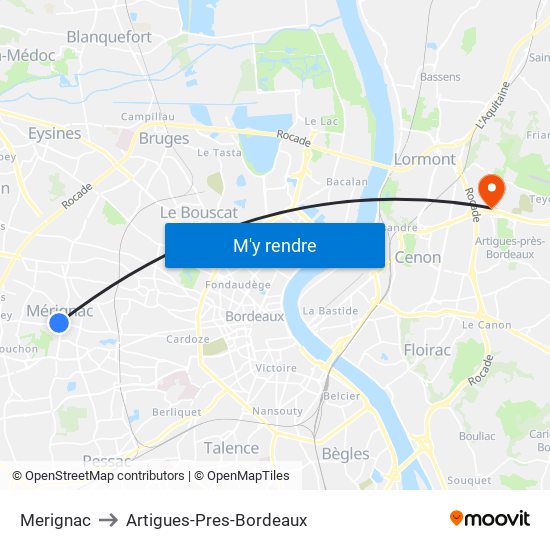 Merignac to Artigues-Pres-Bordeaux map