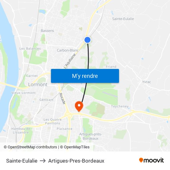 Sainte-Eulalie to Artigues-Pres-Bordeaux map