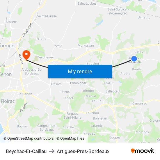 Beychac-Et-Caillau to Artigues-Pres-Bordeaux map
