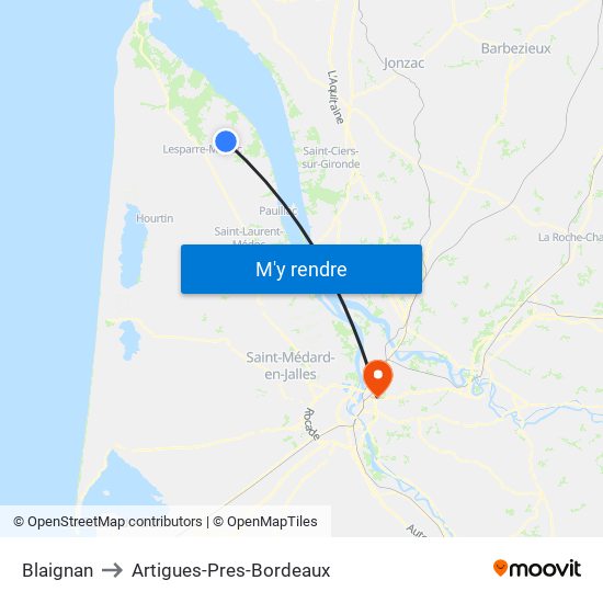 Blaignan to Artigues-Pres-Bordeaux map