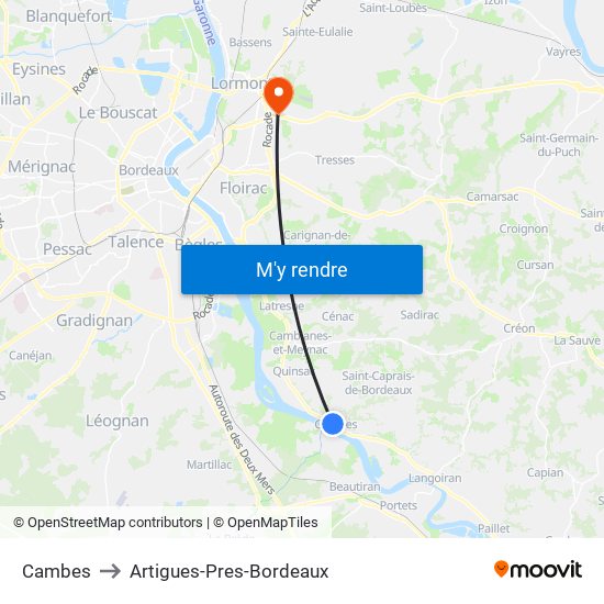 Cambes to Artigues-Pres-Bordeaux map
