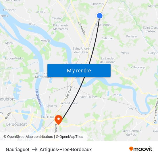 Gauriaguet to Artigues-Pres-Bordeaux map