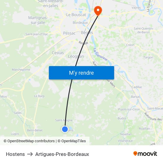 Hostens to Artigues-Pres-Bordeaux map