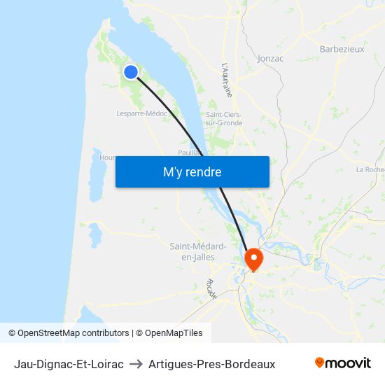 Jau-Dignac-Et-Loirac to Artigues-Pres-Bordeaux map