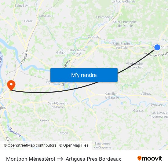 Montpon-Ménestérol to Artigues-Pres-Bordeaux map