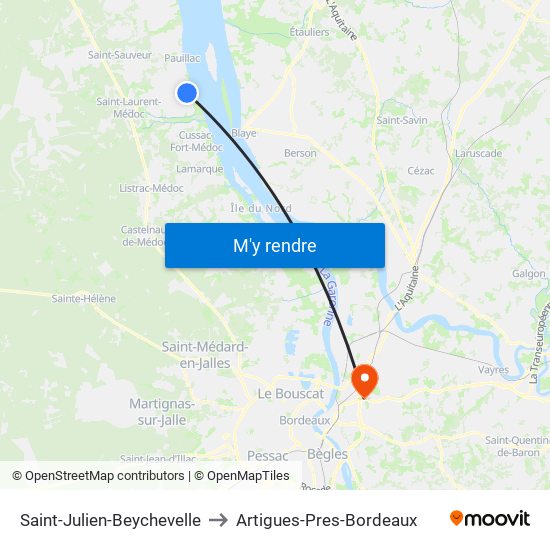 Saint-Julien-Beychevelle to Artigues-Pres-Bordeaux map