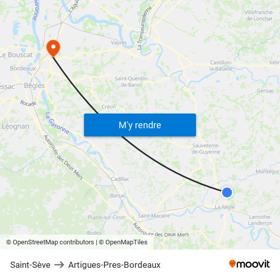 Saint-Sève to Artigues-Pres-Bordeaux map