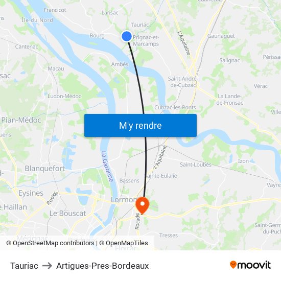 Tauriac to Artigues-Pres-Bordeaux map