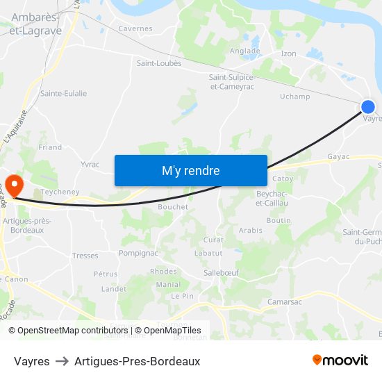 Vayres to Artigues-Pres-Bordeaux map